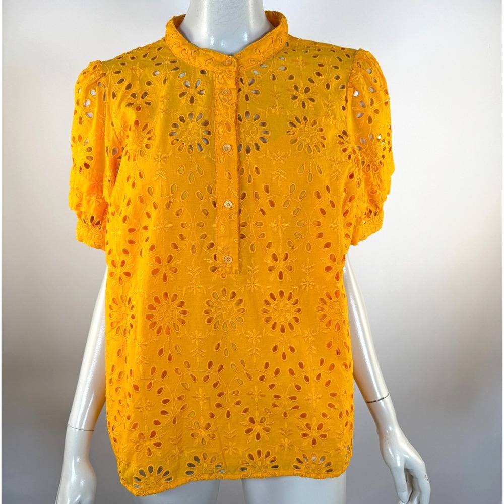 J Crew Puff Sleeve Eyelet Popover Top Women L EUC Lined Cotton Short Sleeve